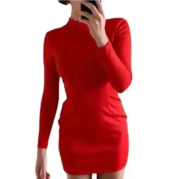 H&M Nikki Minaj Red Poly Scuba Fitted Mock Neck Long Sleeve Dress NEW - Picture 3 of 16